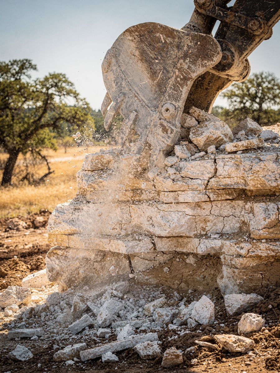 Excavator cutting into rocky limestone soil on an Austin job site
